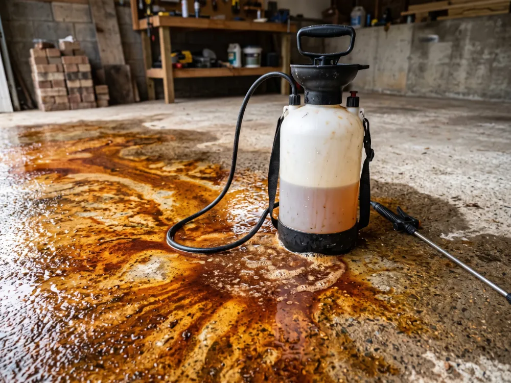 Acid stain developing mottled amber and terracotta tones around a sprayer on concrete