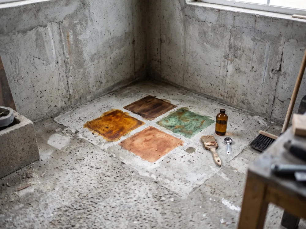 Sample squares of different earth-tone acid stains tested on a bare concrete slab corner