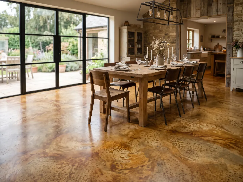 Warm amber acid-stained concrete floor with natural mottling in a rustic-modern dining space