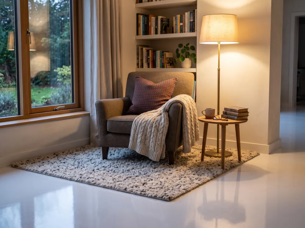 Cozy reading corner with an armchair and textured rug on a glossy white epoxy floor
