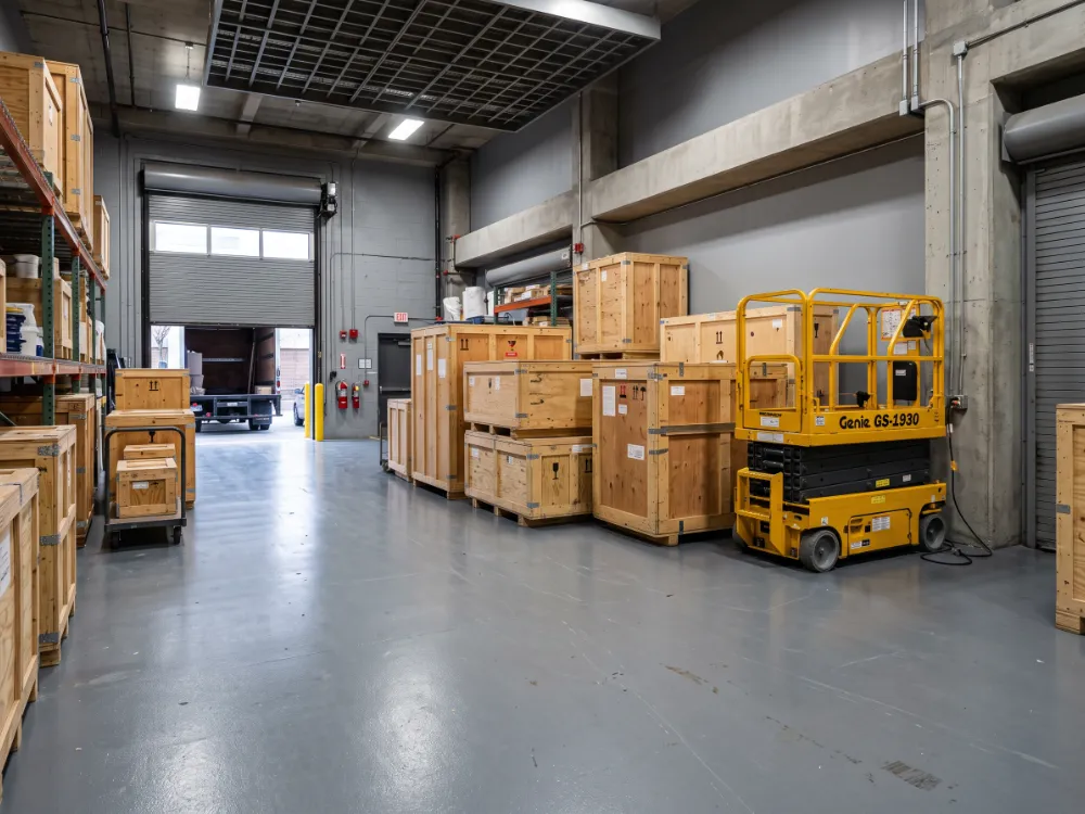 Museum loading area with art crates and scissor lift on epoxy
