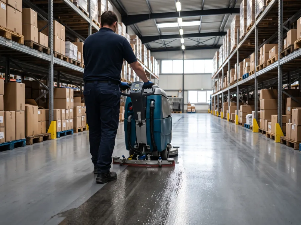 Walk-behind auto-scrubber cleaning a large commercial epoxy floor aisle
