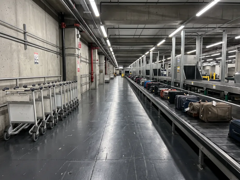 Baggage handling corridor with a dark gray high-build epoxy floor