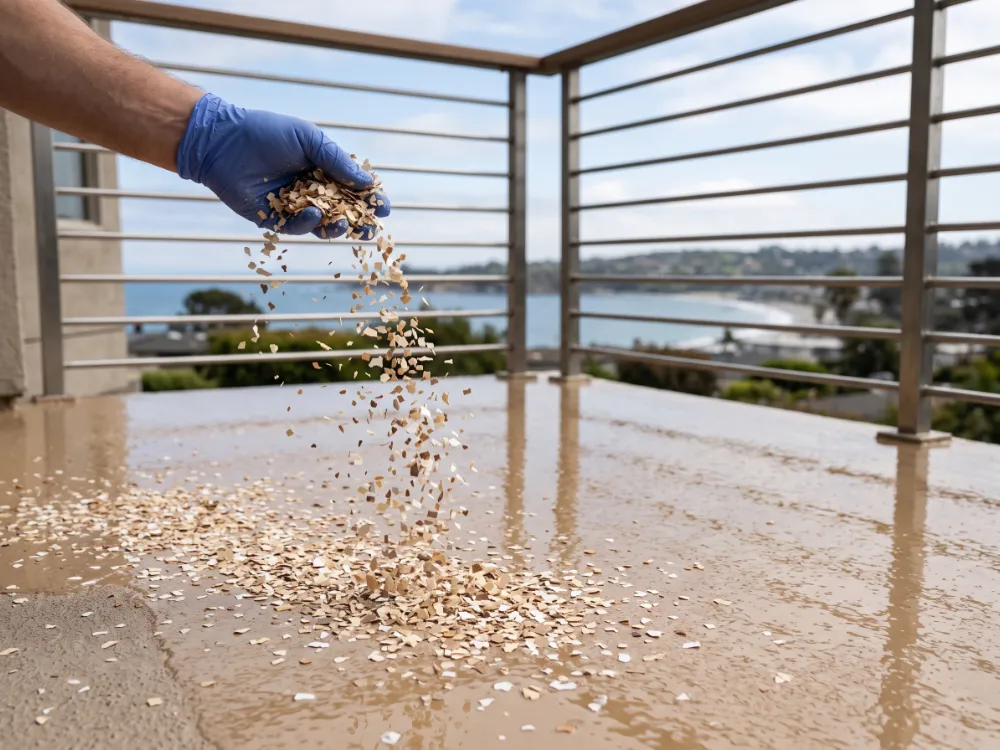 Tan and cream vinyl flakes falling onto a wet coated balcony deck surface