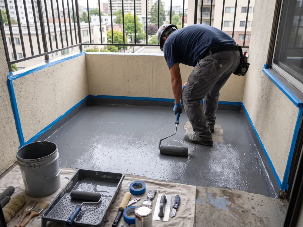 Installer rolling a gray waterproof membrane basecoat across a small balcony floor