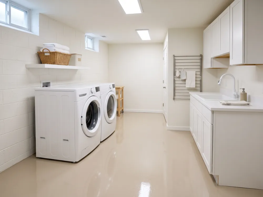 Clean basement laundry area with a seamless light beige solid epoxy floor