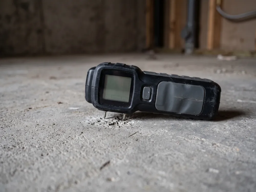 Handheld moisture meter resting on a bare concrete basement slab before coating