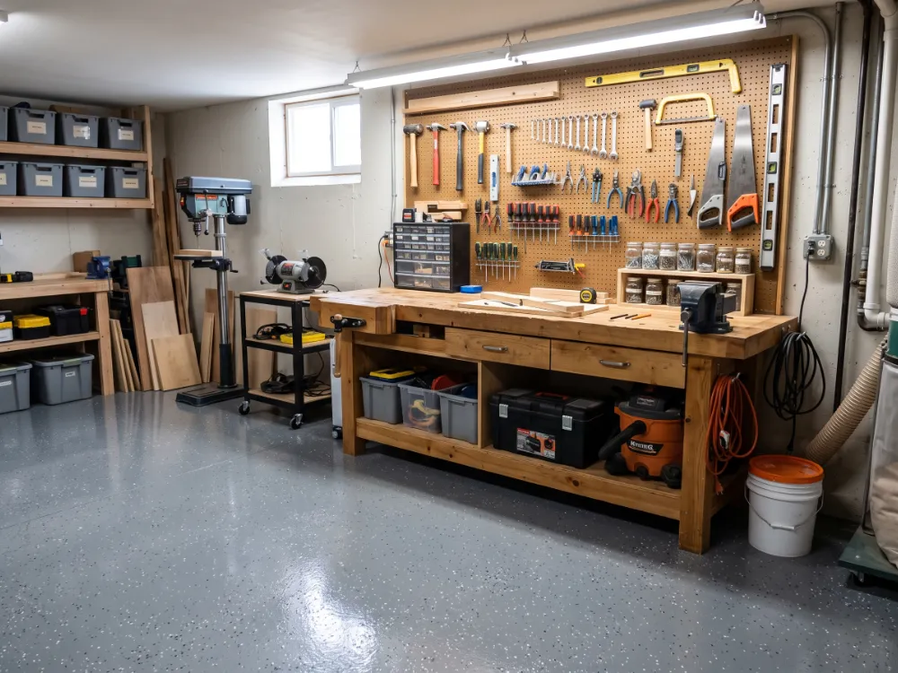 Basement workshop with a medium gray flake epoxy floor, workbench and pegboard
