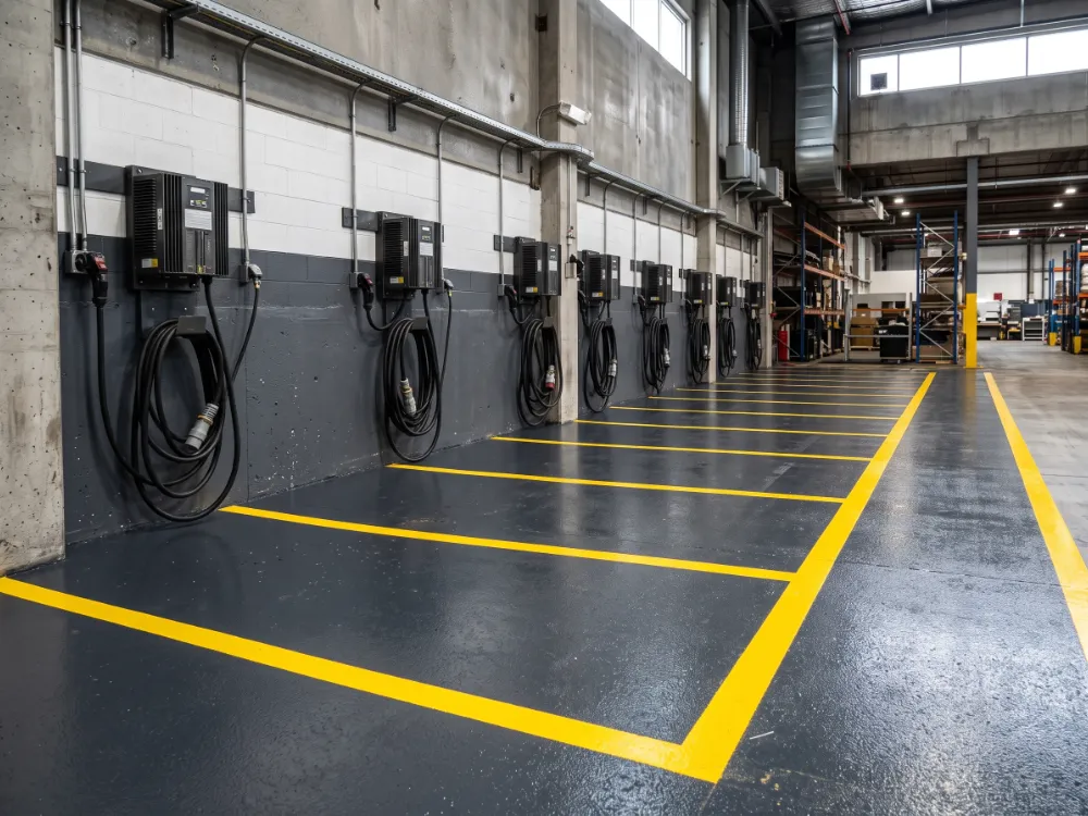 Forklift battery charging area with a dark Novolac epoxy floor