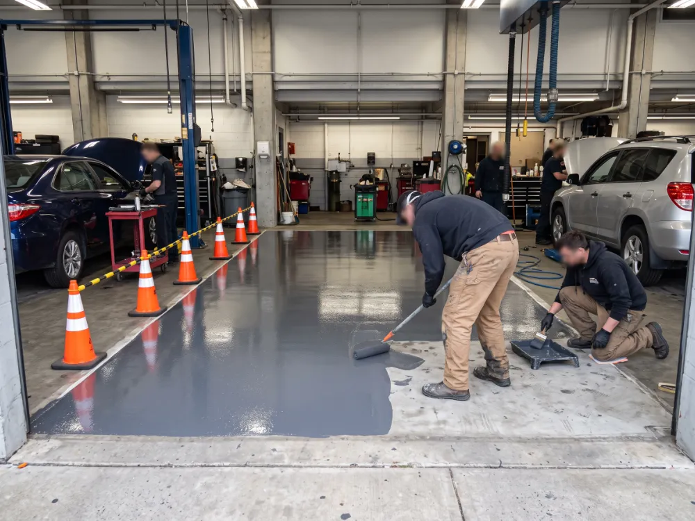 Technicians coating one service bay while adjacent bays stay in use