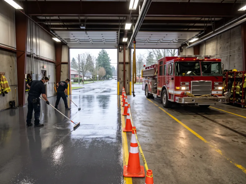 Technicians coating one apparatus bay while the next stays response-ready