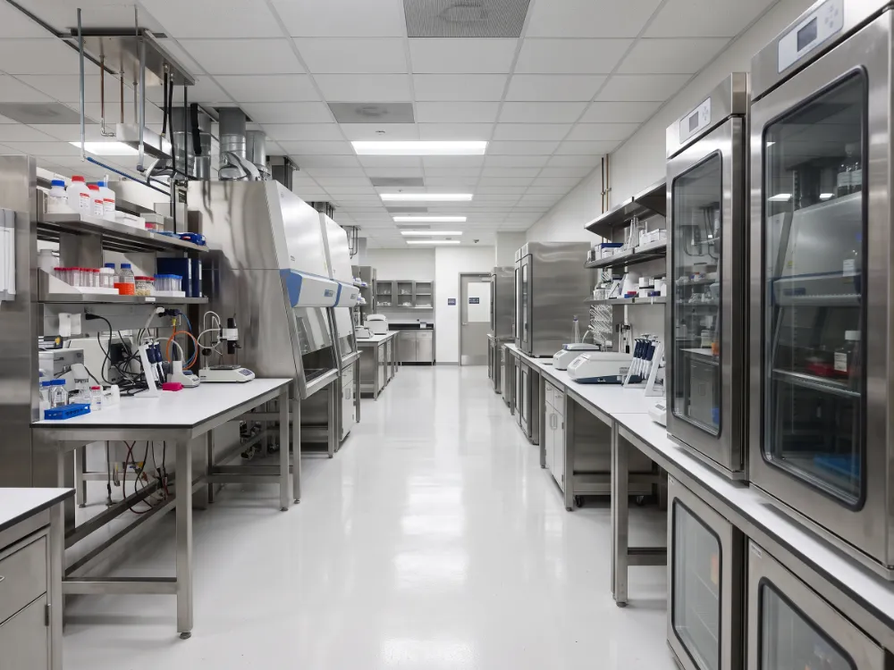 Biotech laboratory aisle with a seamless white epoxy floor