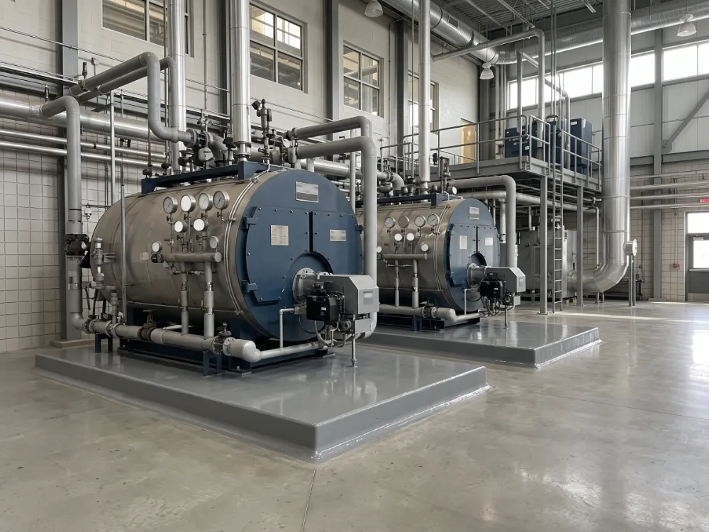 Boilers on epoxy-coated housekeeping pads with coved edges