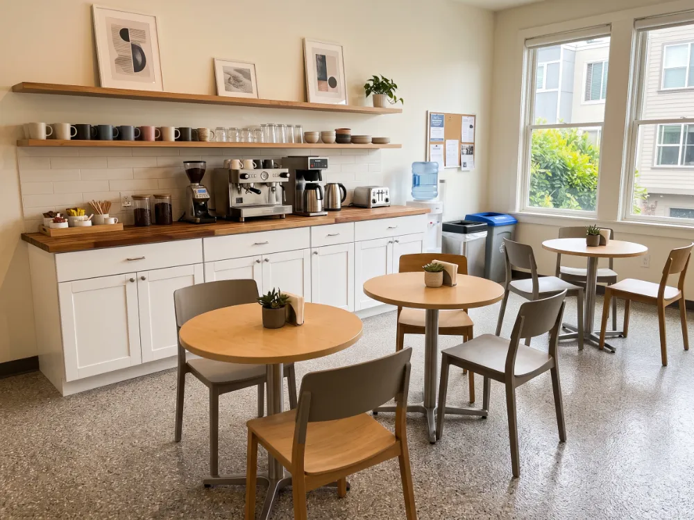 Office break room with a warm gray and white flake epoxy floor