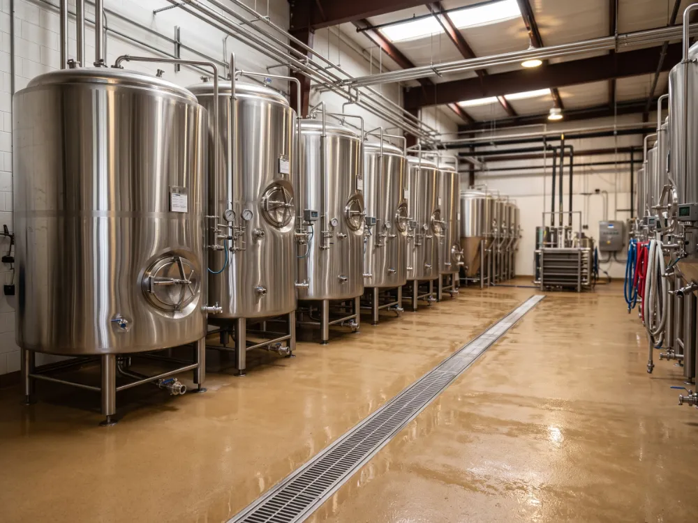 Craft brewery with stainless fermentation tanks on a seamless tan urethane cement floor