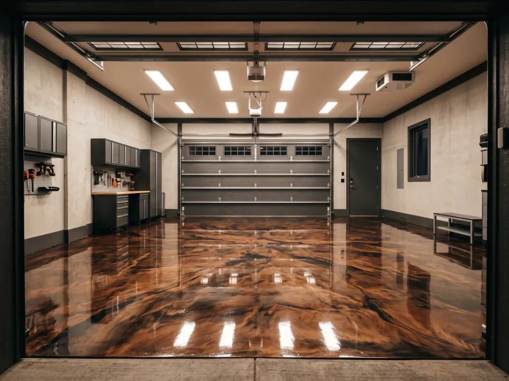 Two-car garage with a bronze and black marbleized metallic epoxy floor and glossy reflections
