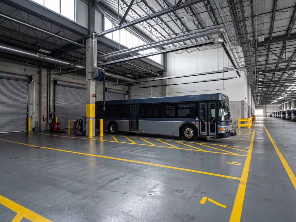 Bus depot with yellow lane striping coated into a gray epoxy floor