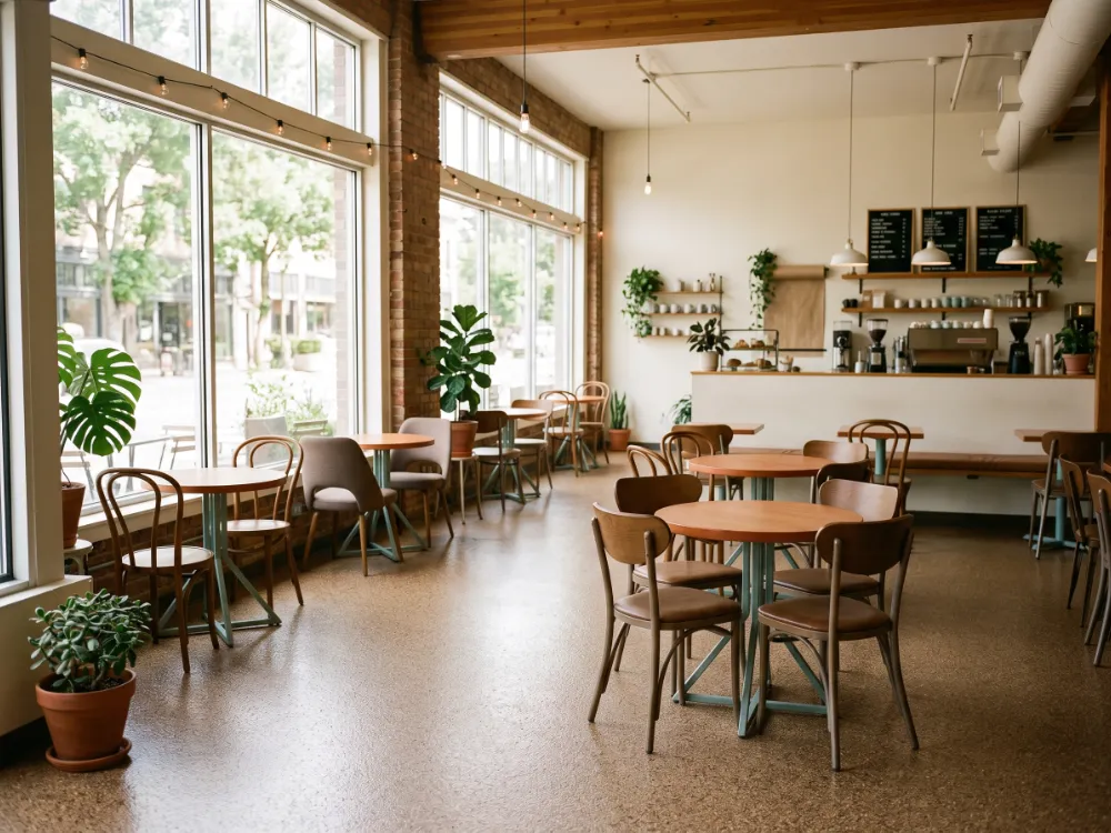 Cafe dining area with a tan flake epoxy floor in a satin finish