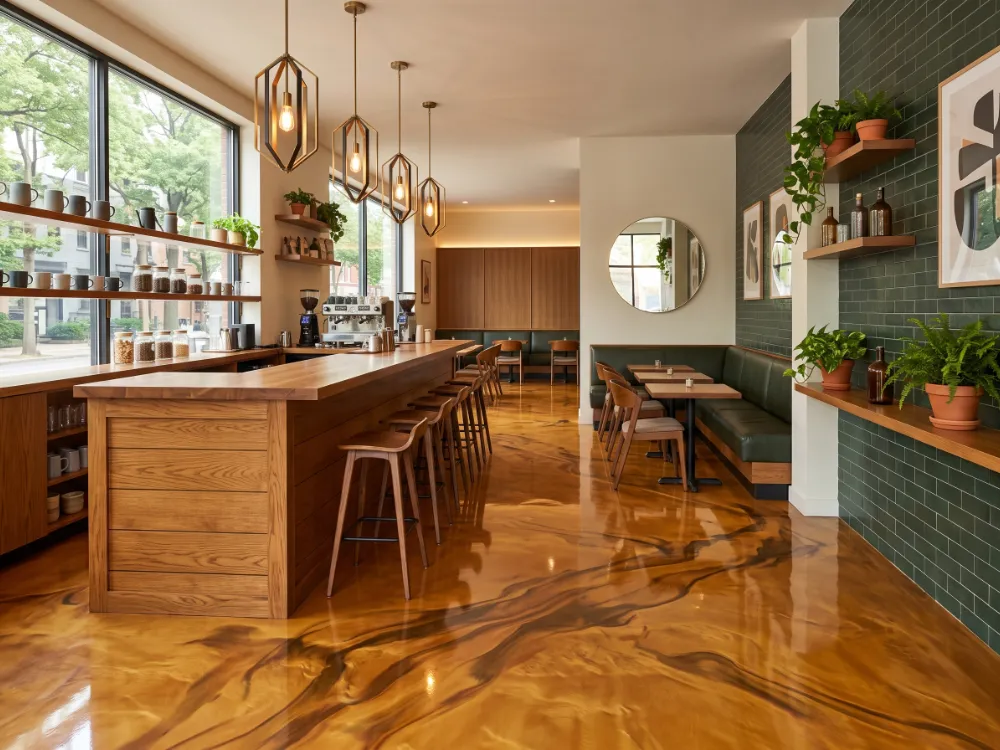 Amber-gold marbleized metallic epoxy floor poured in a modern cafe