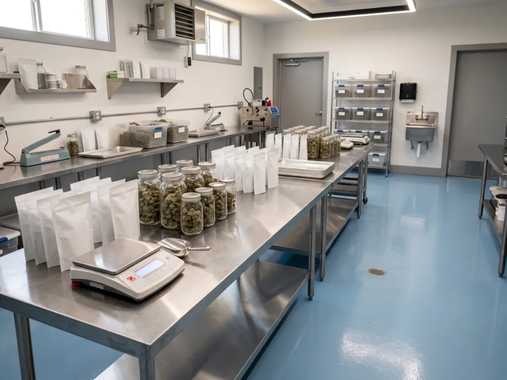 Cannabis packaging room with a pale blue seamless epoxy floor