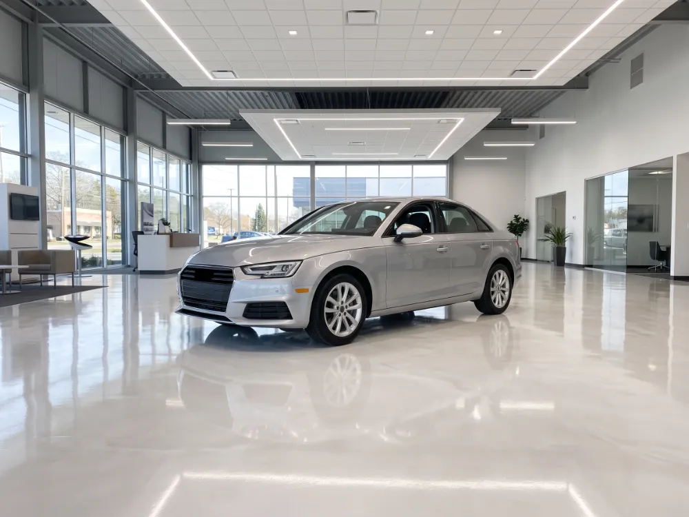 Car dealership showroom floor in high-gloss pearl white epoxy