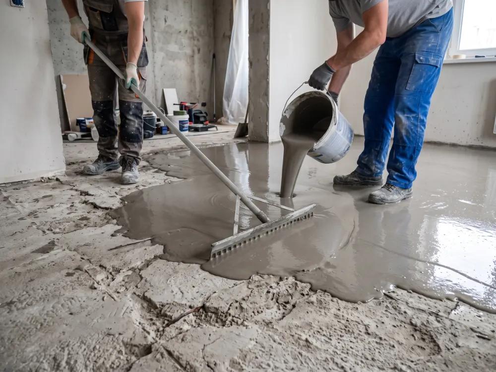Self-leveling underlayment flowing into the low spots of an uneven residential slab
