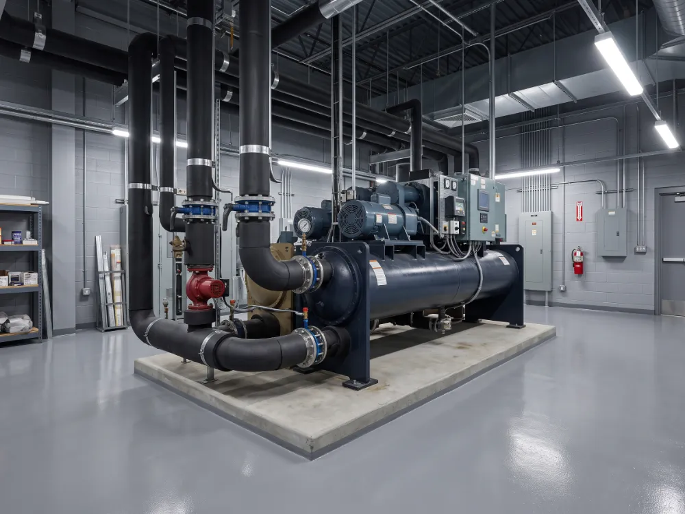Chiller unit above an epoxy floor with a coved housekeeping pad
