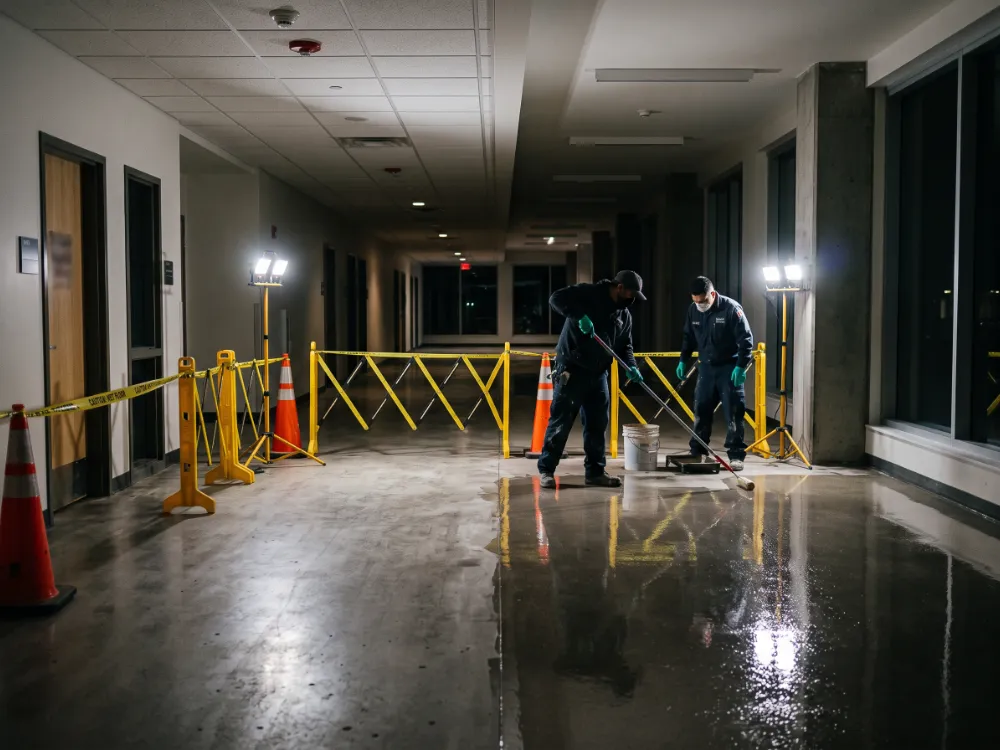 Technicians coating a civic corridor section behind portable barriers