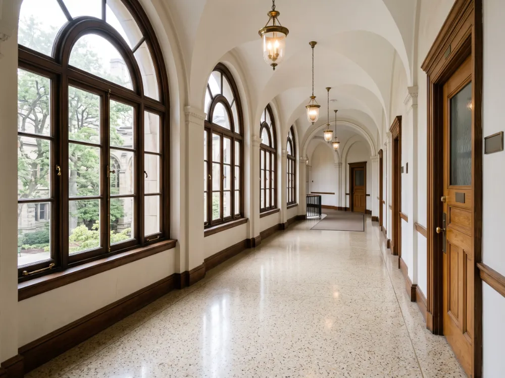 Civic building corridor with a cream terrazzo-look epoxy floor