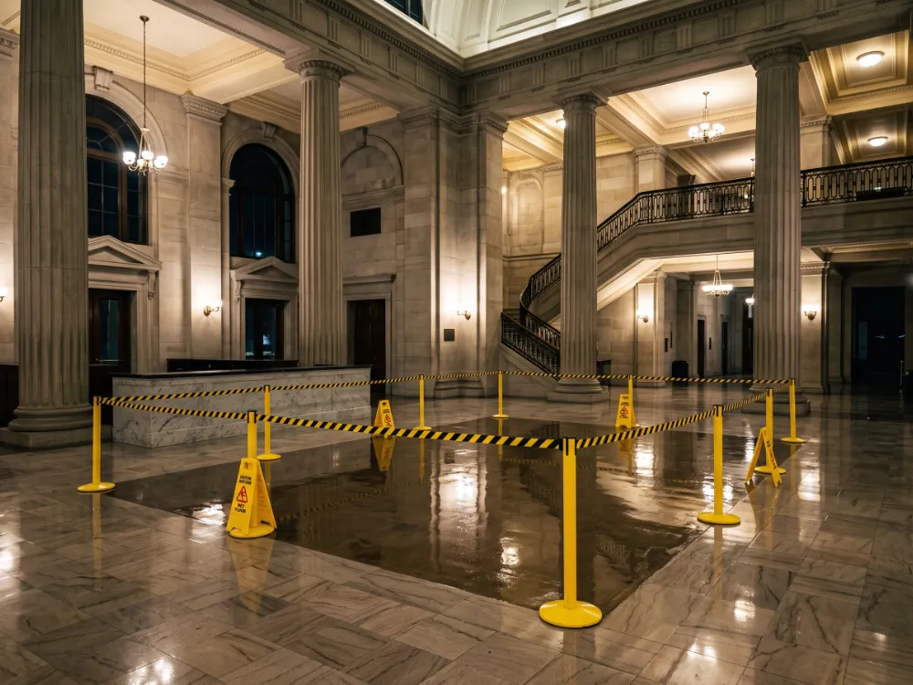 Civic lobby floor section freshly coated behind barriers at night