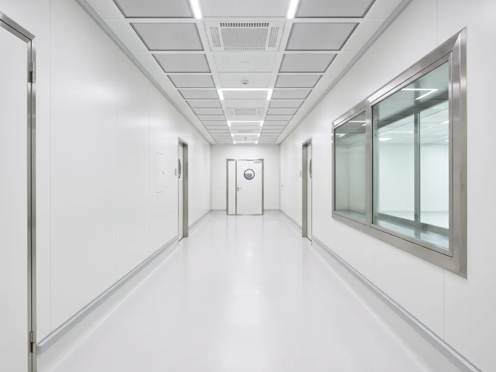Cleanroom corridor with a smooth seamless white epoxy floor