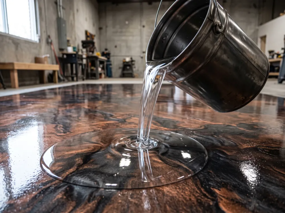Clear resin flowing onto a copper and black metallic epoxy floor into a mirror pool
