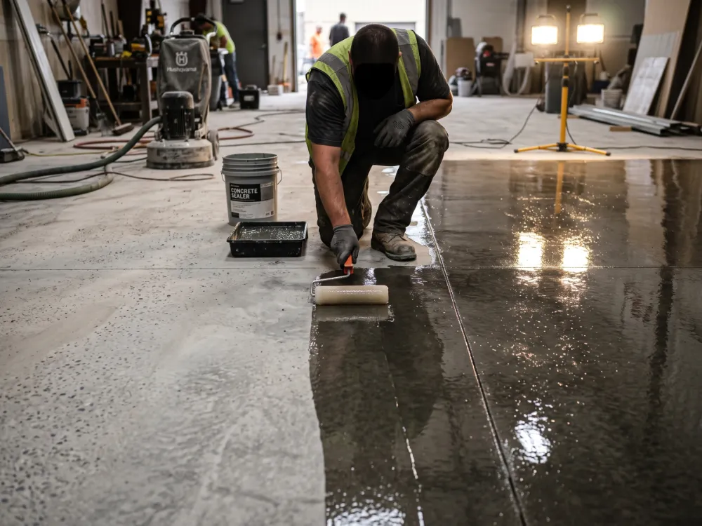 Installer rolling clear glossy sealer onto freshly ground concrete beside the matte half