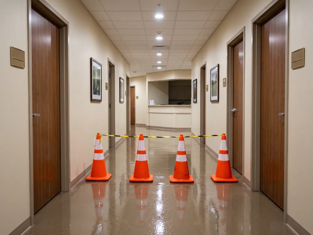Clinic corridor floor freshly coated behind cones over a weekend