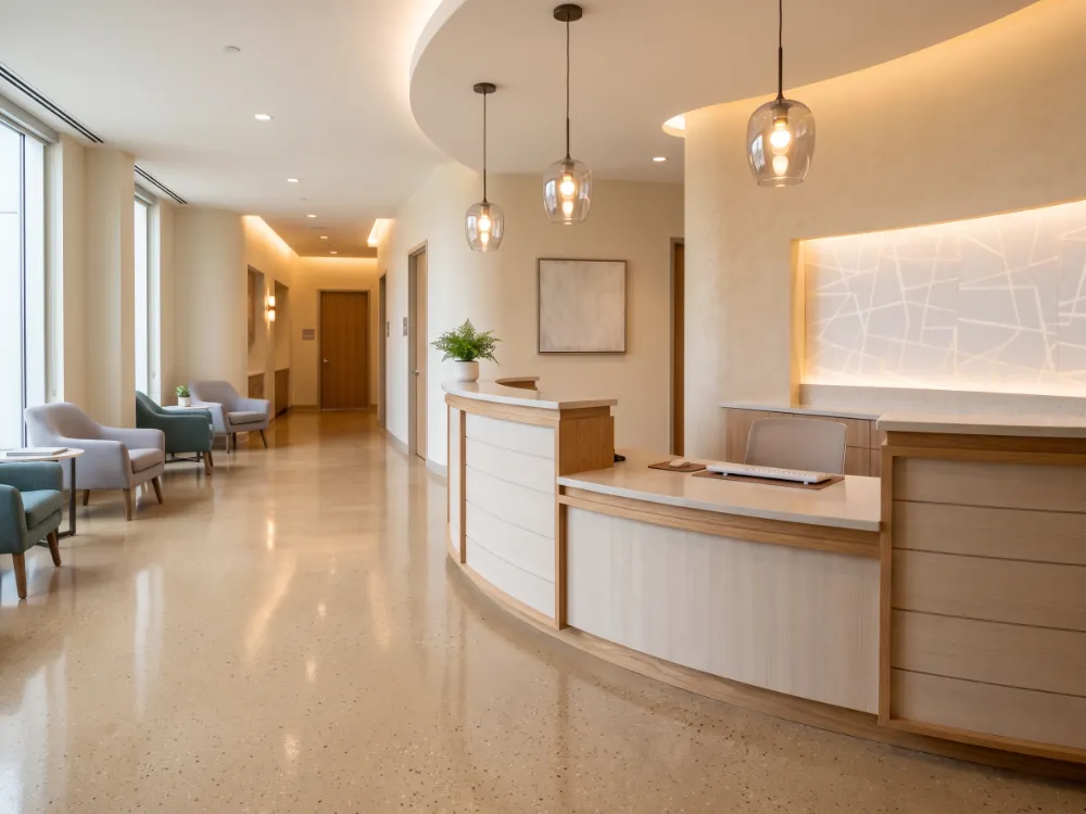 Clinic reception and check-in area with a light warm epoxy floor