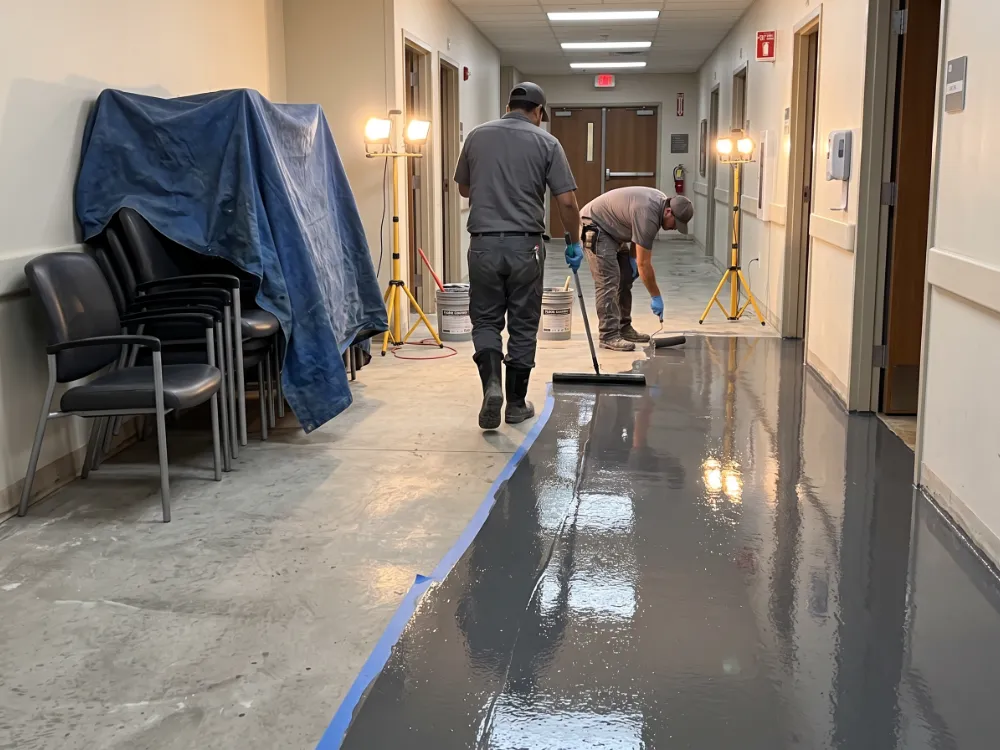 Technicians coating a clinic corridor over a weekend