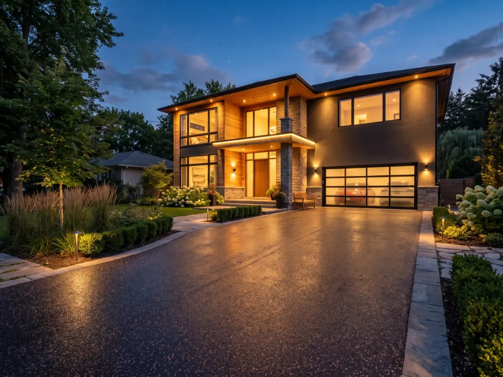 Satin flake driveway leading to a lit modern home at twilight