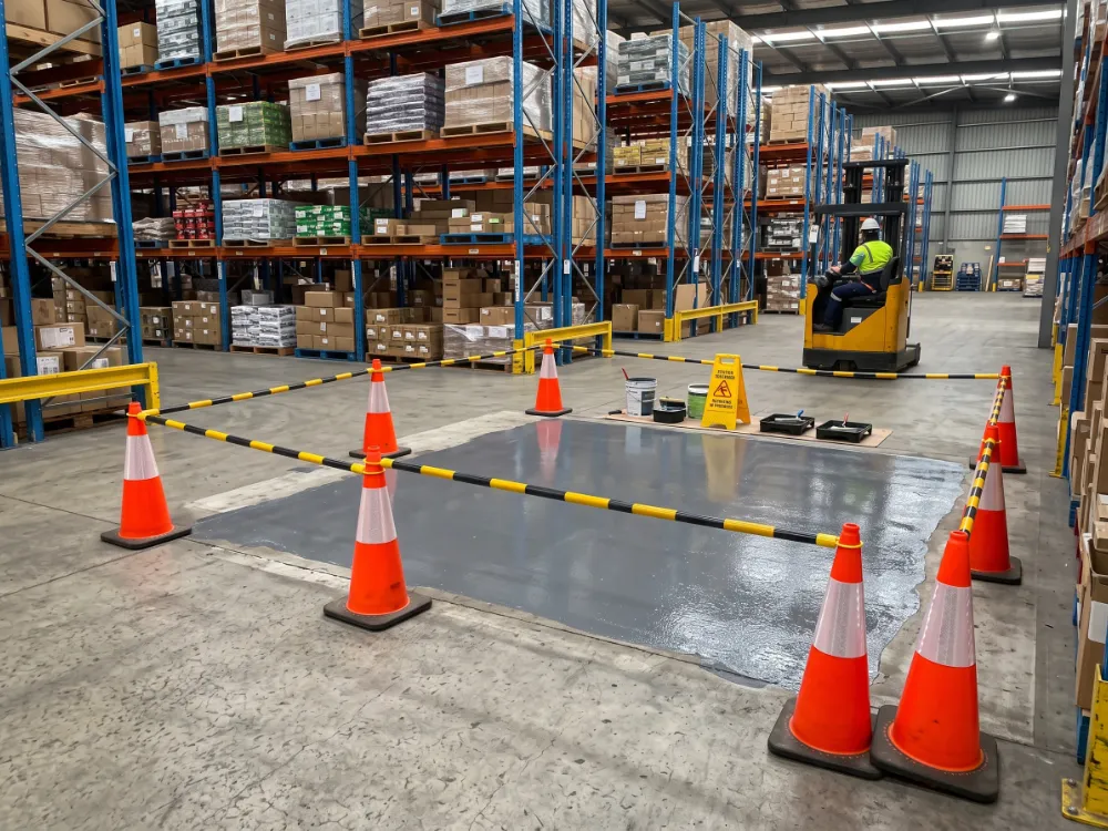 Warehouse aisle coned off while a damaged floor section is recoated, operations continuing