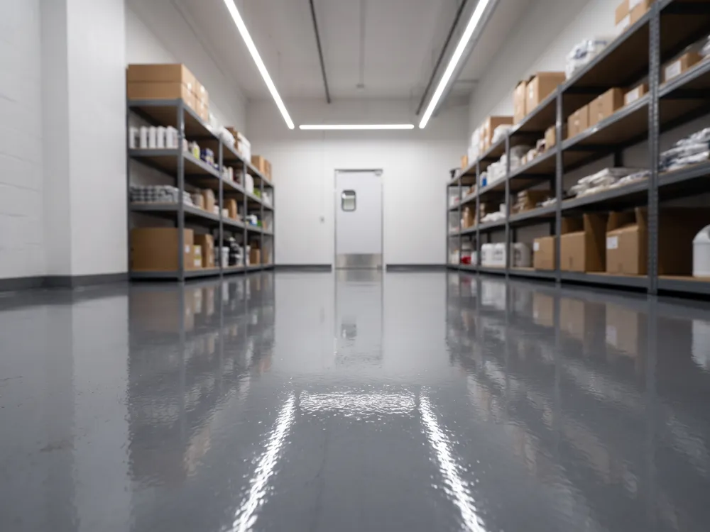 Seamless gray polyaspartic floor in a commercial back-of-house space under LED lighting
