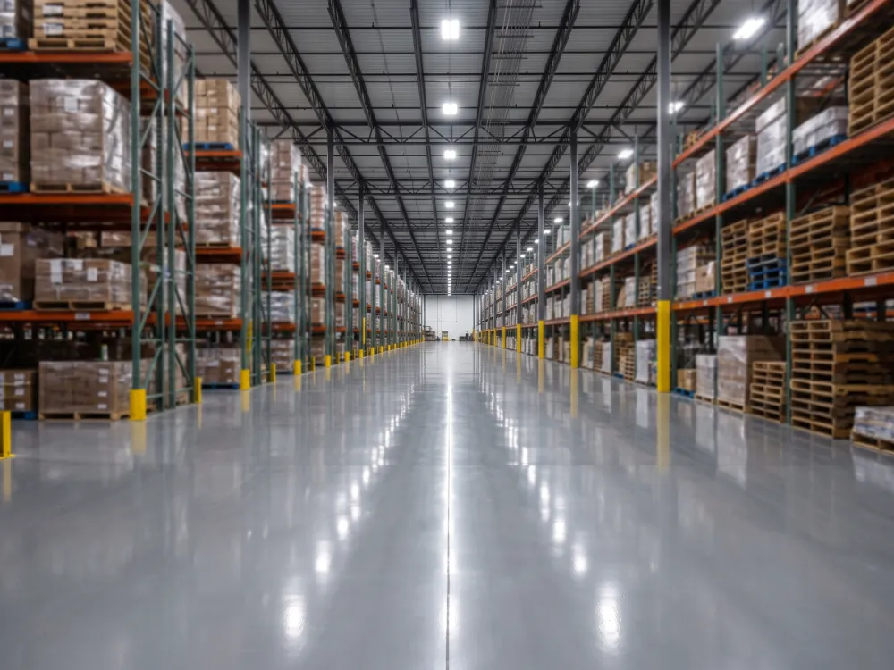 Warehouse aisle with a seamless glossy gray polyurea coated floor under high-bay lights