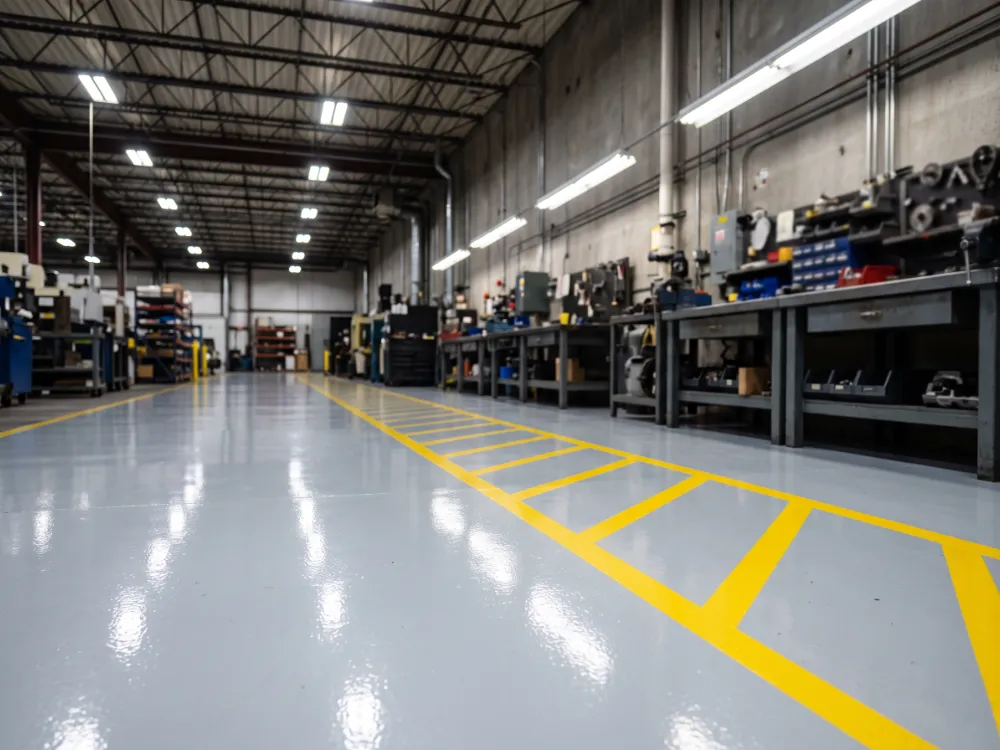 Light gray commercial epoxy floor with yellow safety walkway striping under bright lighting