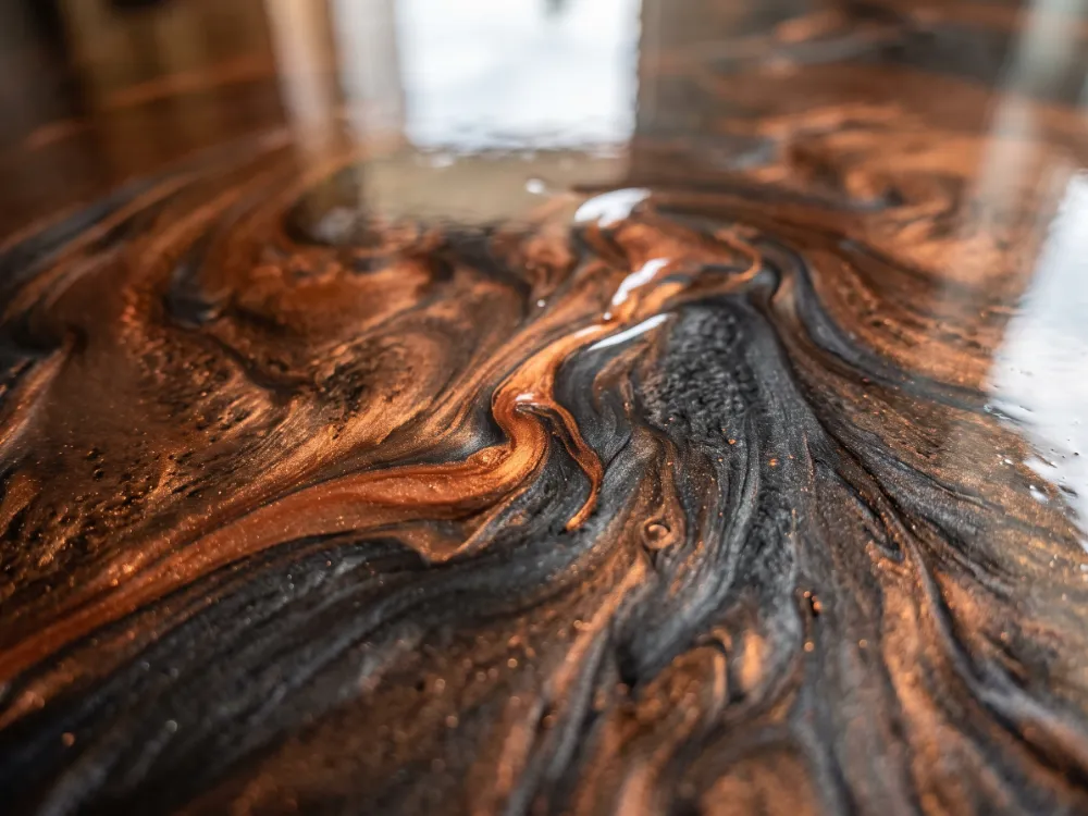 Copper bronze and charcoal metallic epoxy swirls flowing like molten stone under gloss