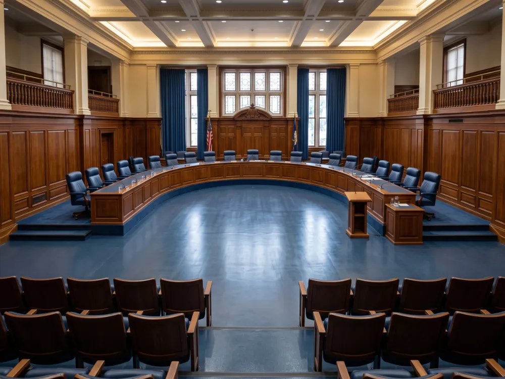 Council chamber with a blue-gray solid epoxy floor and curved dais