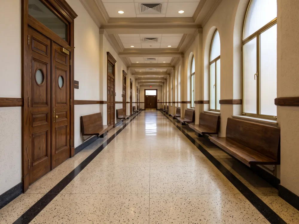 Courthouse corridor with a terrazzo-look floor and charcoal border stripe