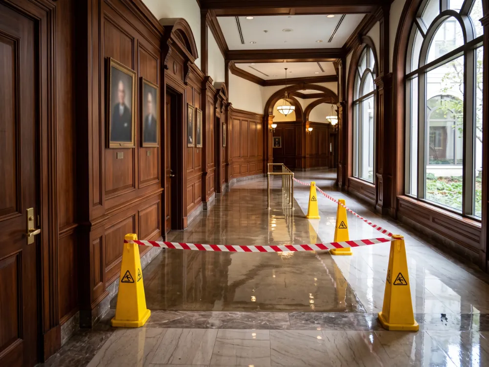 Courthouse corridor floor freshly coated behind barriers on a quiet weekend