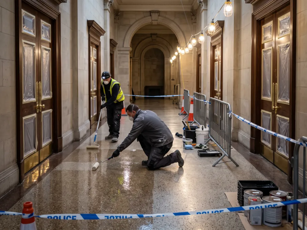 Technicians coating a courthouse corridor behind barriers on a weekend
