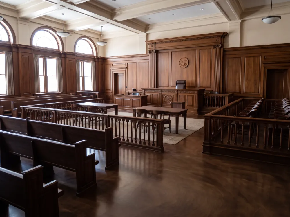 Courtroom with a walnut-toned satin epoxy floor and wood paneling