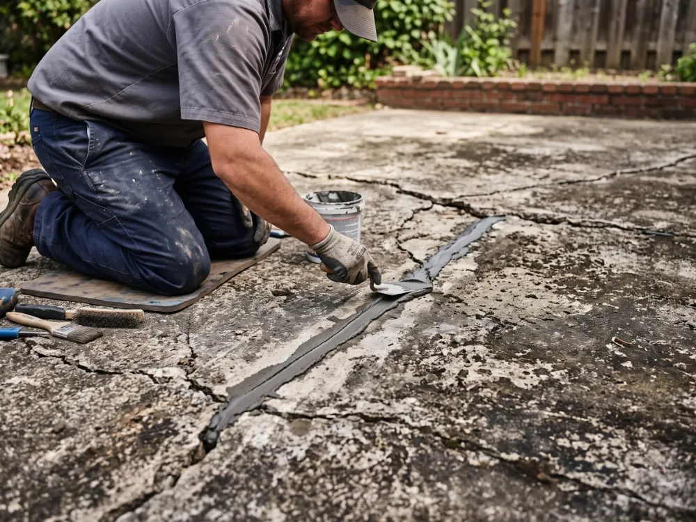 Weathered cracked concrete patio being repaired with filler before coating