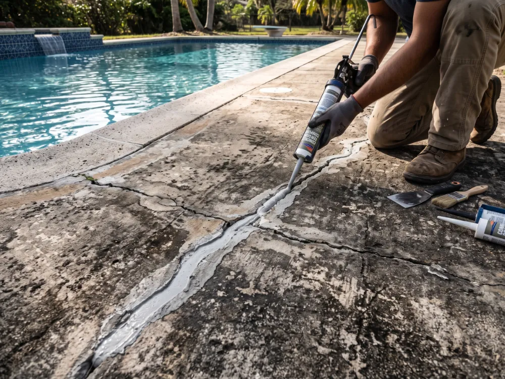 Installer filling a crack in a weathered concrete pool deck before coating