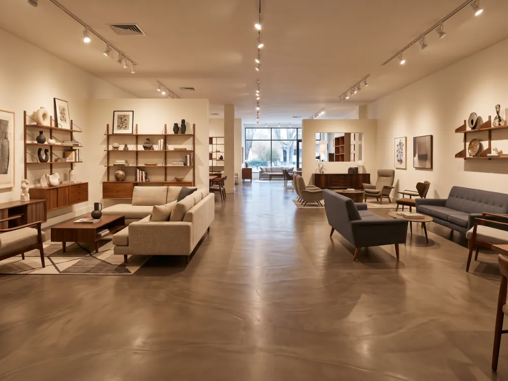 Furniture design gallery with a warm taupe metallic epoxy floor